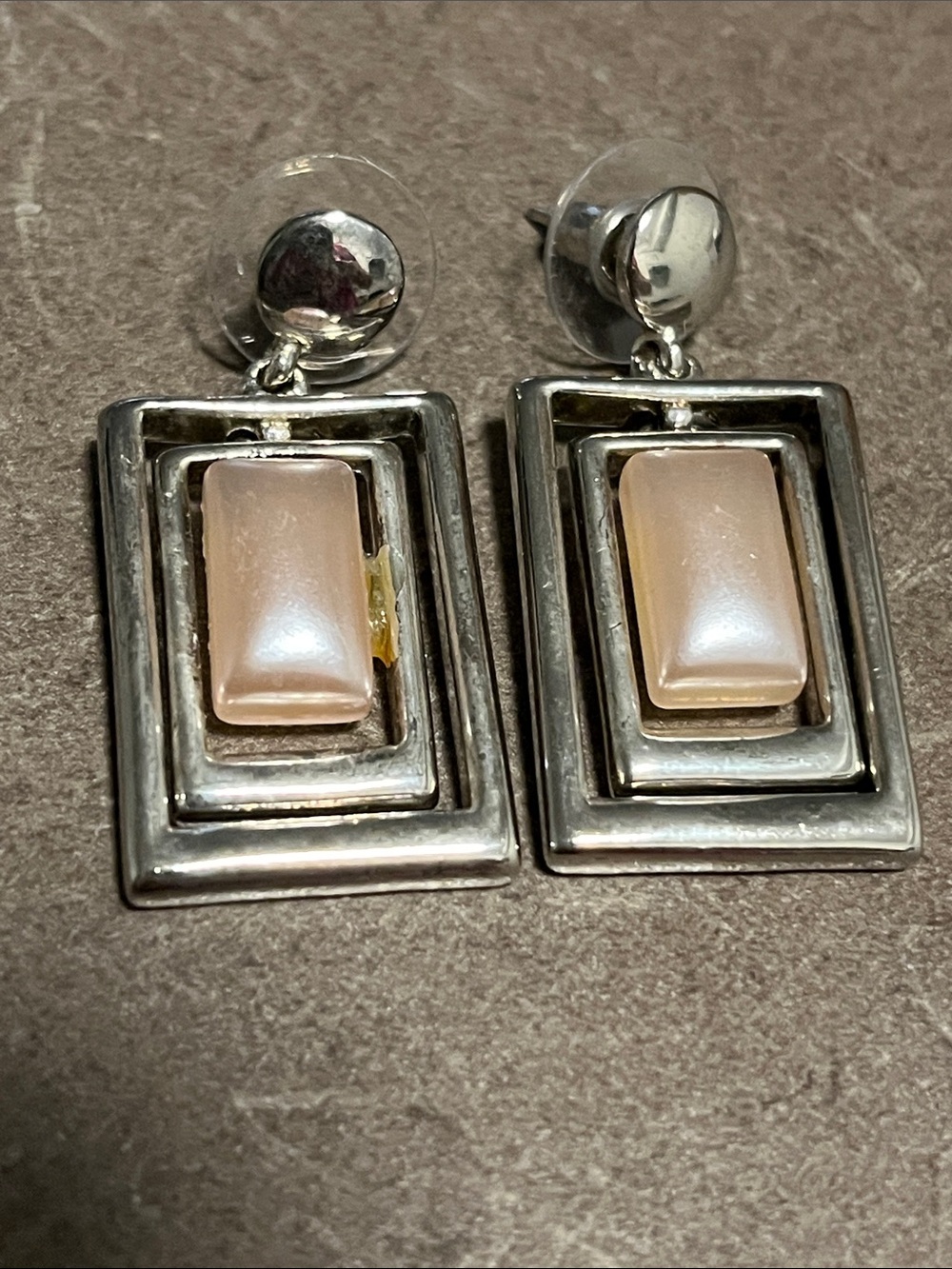 Silver Rectangular Drop Earrings with Pale Pink Mother-of-Pearl Inlay 1”-2”